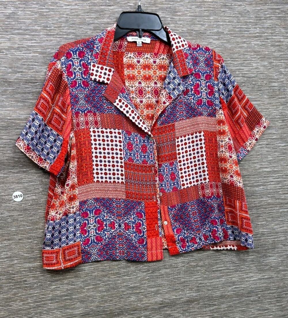 Rose + Olive Boho Patchwork Cropped Button Up Shirt Women's Size XL Short Sleeve